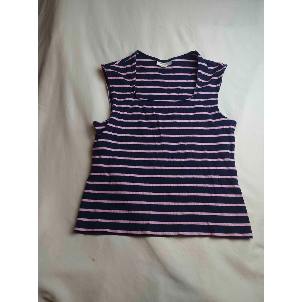 ON-34TH Tank Top Women Size XL Navy Pink Striped Knit Sleeveles Square Neck